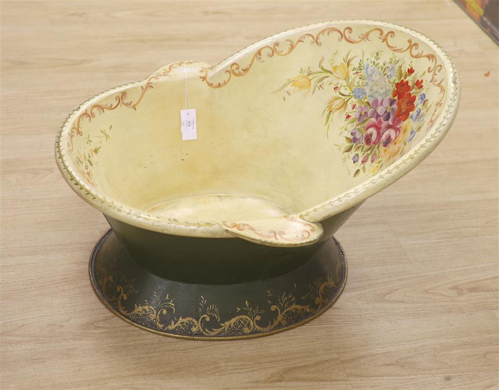 A Victorian painted toleware hip bath, length 84cm